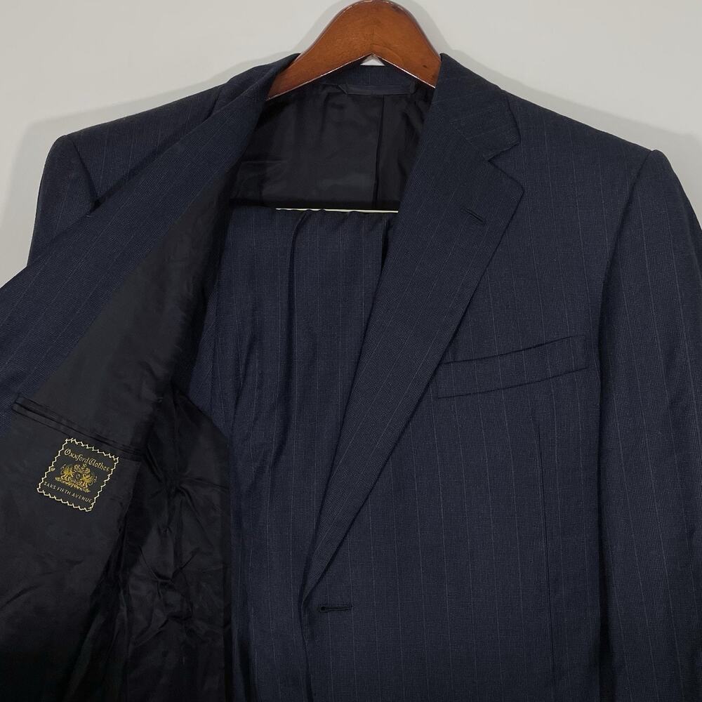 OXXFORD CLOTHES Navy Blue Striped Wool Flannel Suit 44L Pants 34 X 32